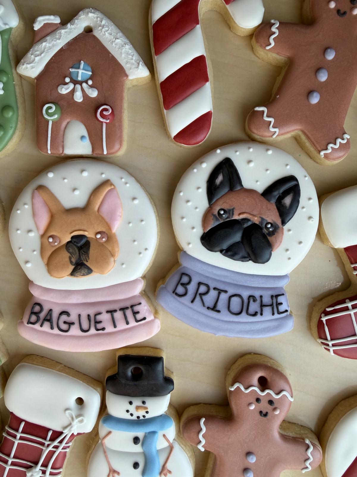 French bulldog snow globe decorated cookies